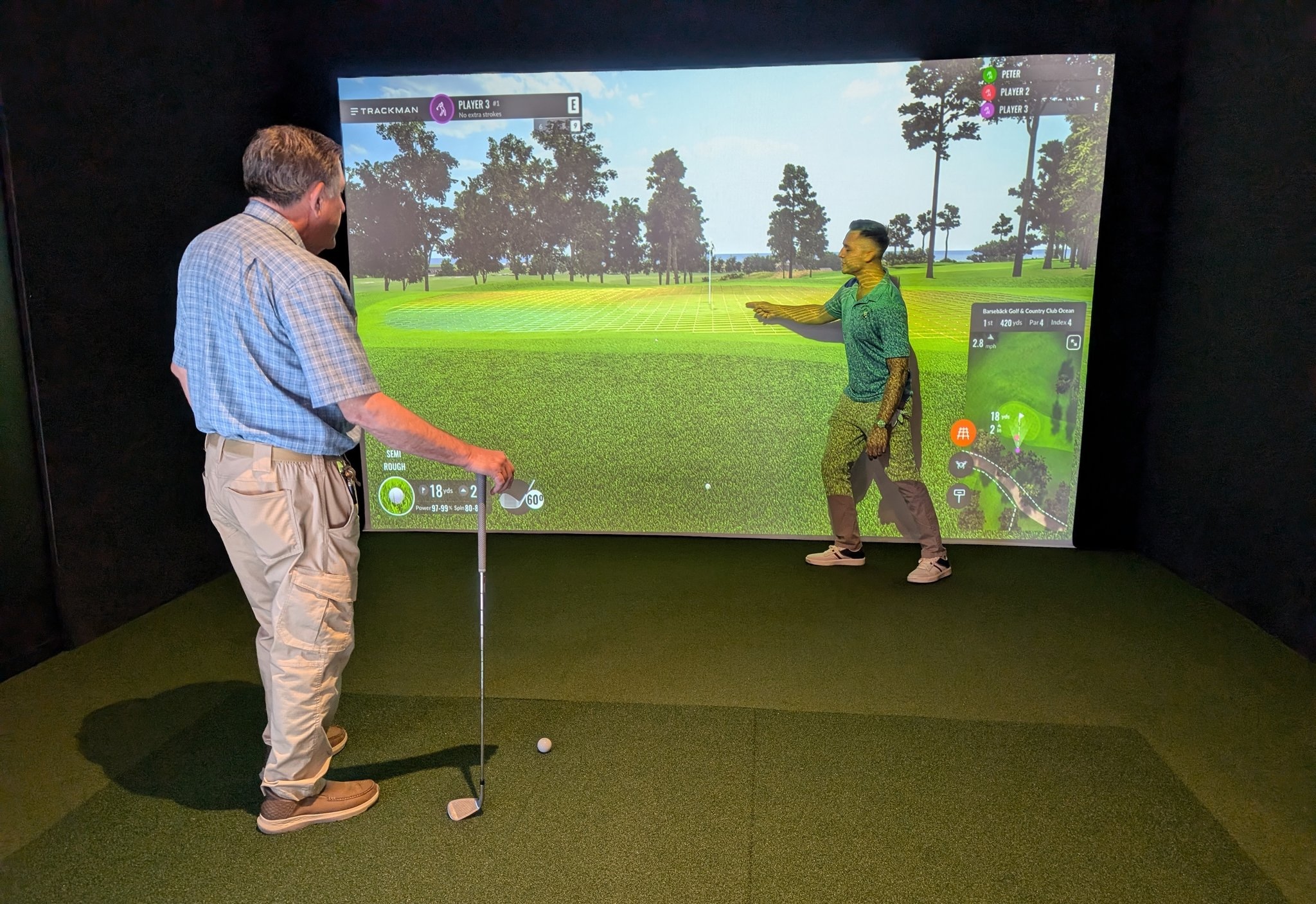 Two guests playing on the Trackman simulator